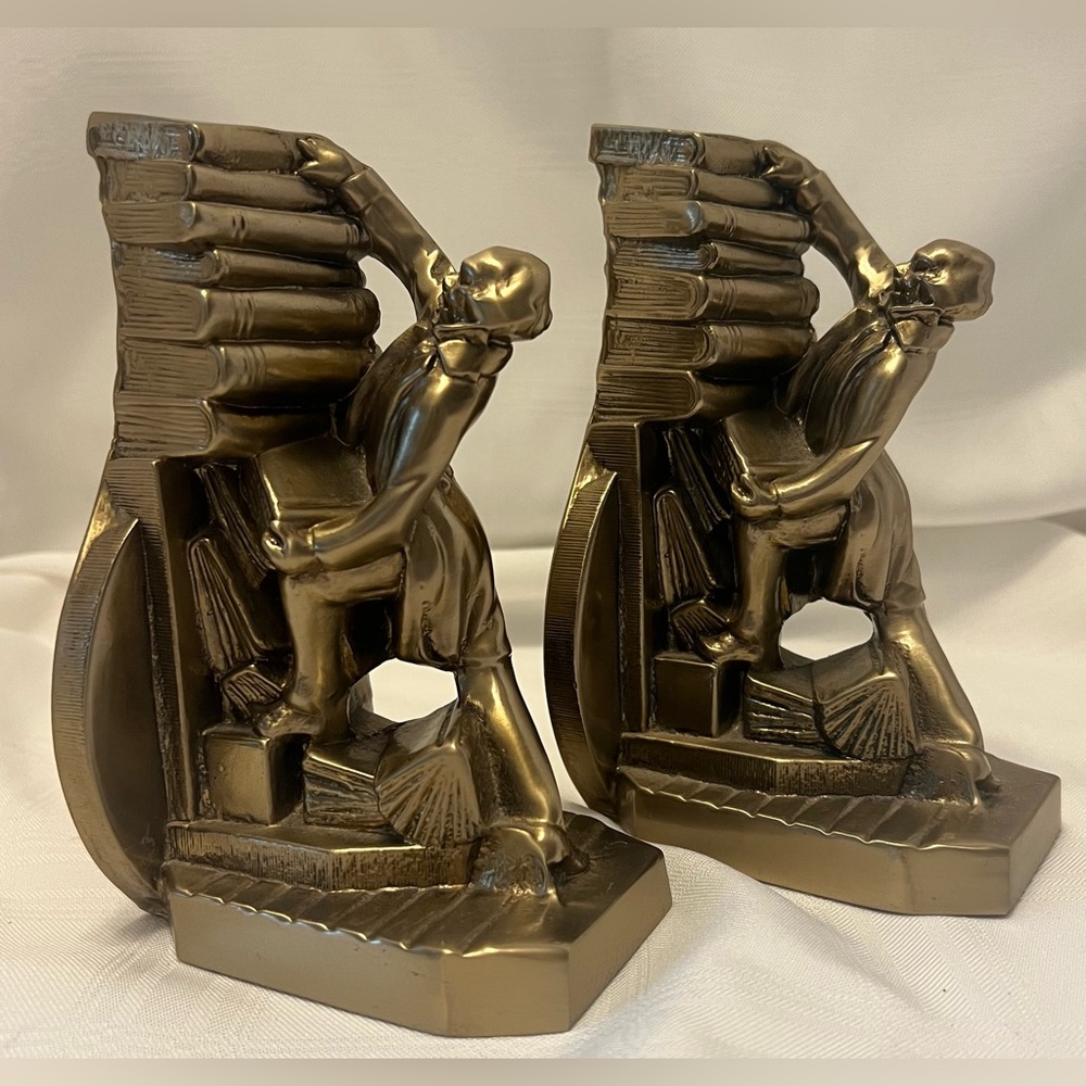 Vintage Pair PM Craftsman Struggling Librarian Bookends Brass USA